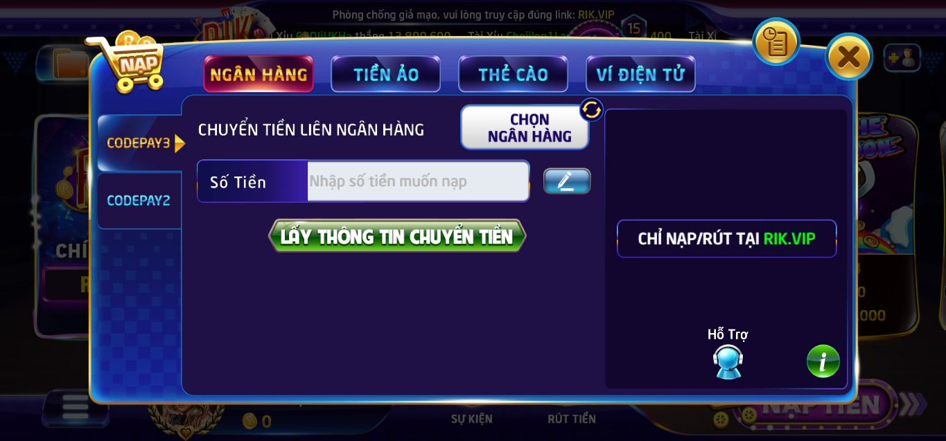 Hướng dẫn cách nạp tiền RIKVIP nhanh gọn