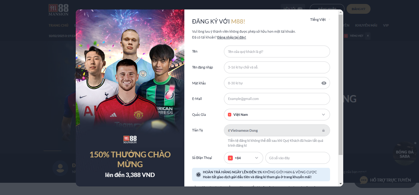 Bước 1: Truy cập Web nhà cái và đăng ký tài khoản
