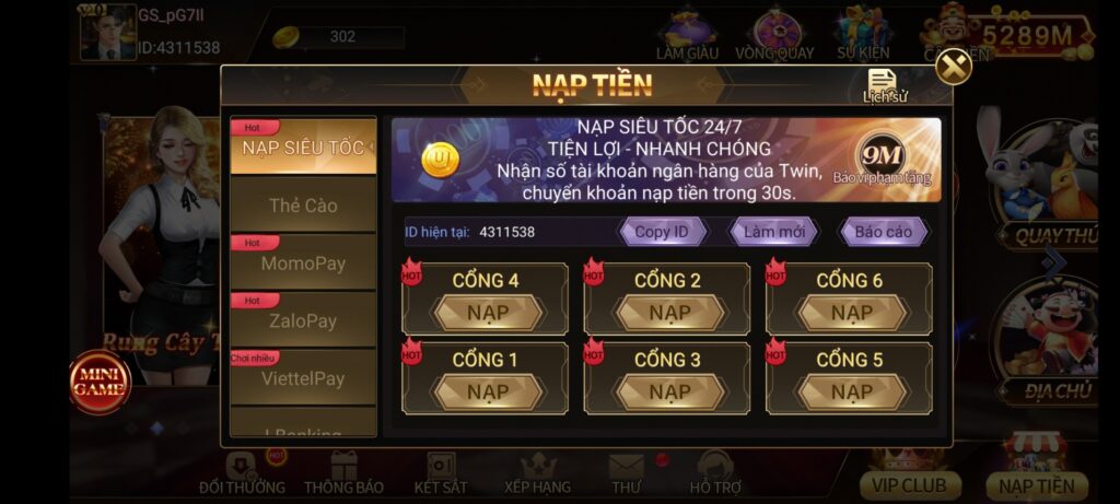Nạp tiền vào tài khoản TWIN68
